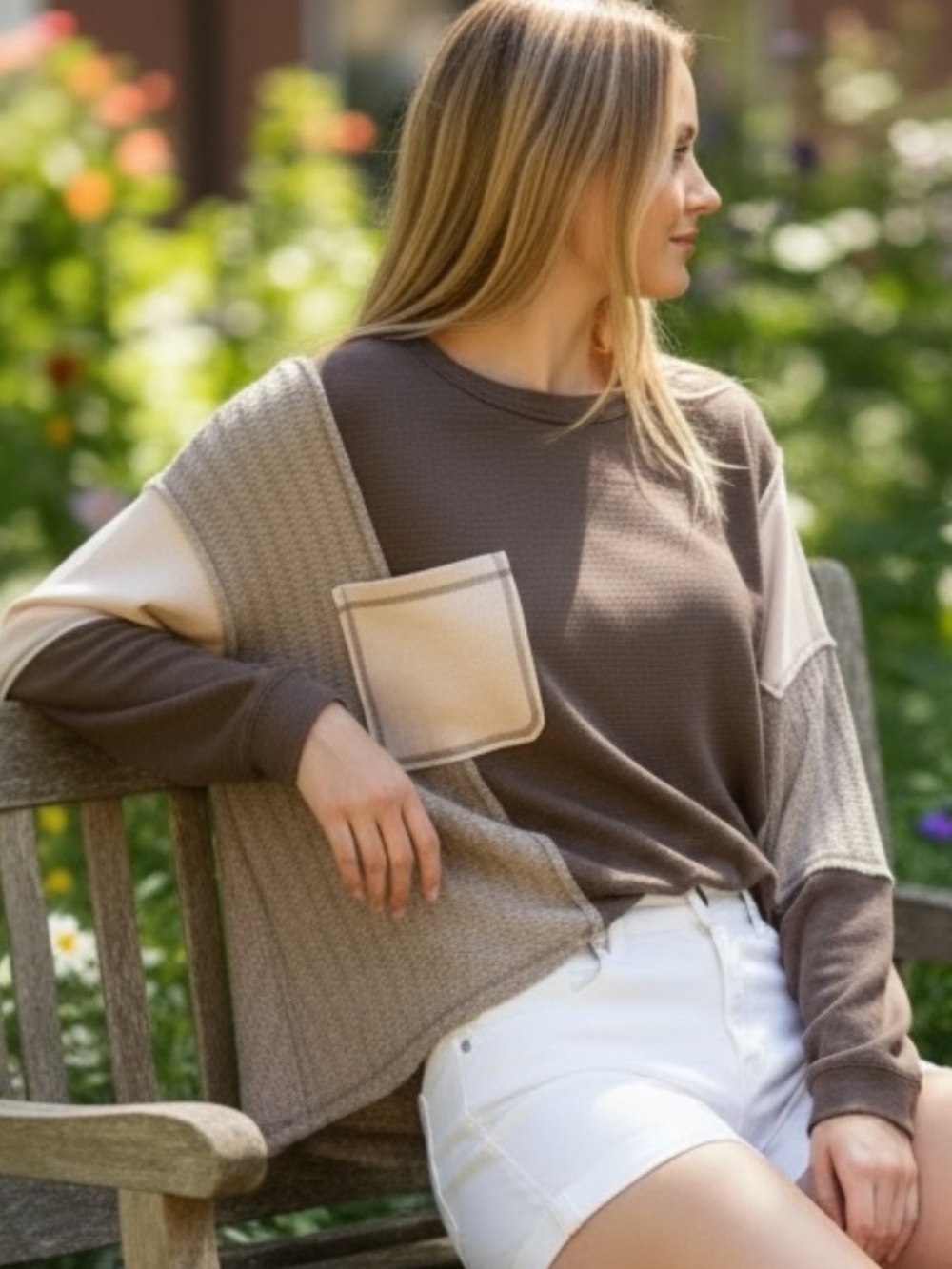 POL Small Casual Brown Knit Top with Patch Pocket- Brown & Cream